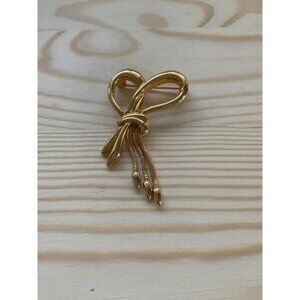 Gold-Tone Heart Bow Brooch Pin With Tassel Design